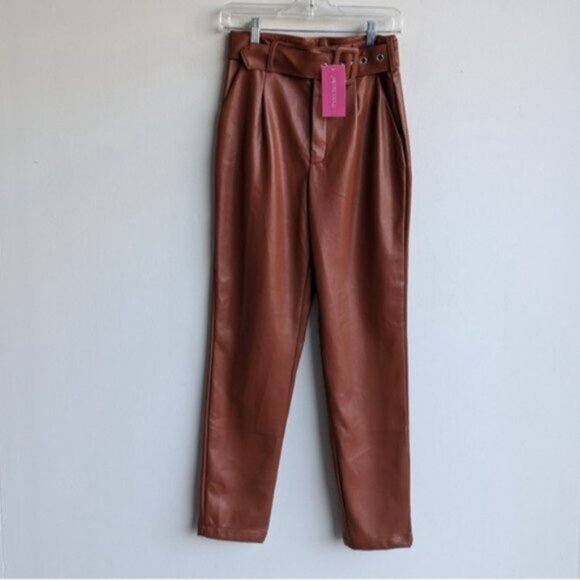 NWT Brown belted high rise faux leather pants - Picture 2 of 4